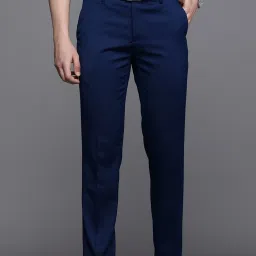 Men Slim Fit Dark Blue Polyester Trousers-image-34