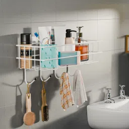 Metal Self Adhesive Bathroom Organiser with Drill Screws & 4 Hooks | White Iron Wall Shelf-image-5