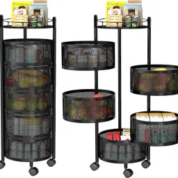 kuber industries 5-Layer Rotating Multipurpose Storage Rack Trolley with Wheels | Black Iron Fruit & Vegetable Basket image 2