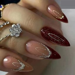 Red Almond Medium Fake Nails with Gold Shine Design,Artificial False Nails Set Wine Red-image-8