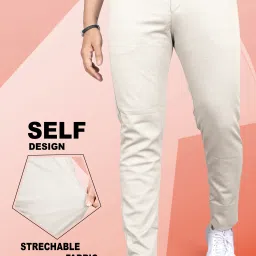 Men Slim Fit Cream Linen Blend Trousers-image-4