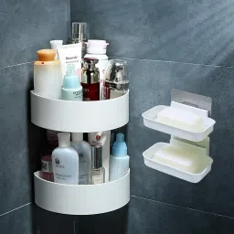 Wall Shelves (2 Corner with 2 Bathroom Soap Dish) Round Corner Kitchen Bathroom Shelf Self-Adhesive Sticker Hooks Multipurpose Wall Holder Bathroom Storage Rack Box Strong Shower Rack Shelf Plastic Wall Shelf-17