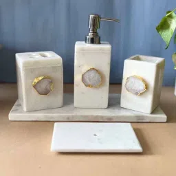 home arte Marble with Agate Bathroom Vanity Setof 5 Tray Toothbrush Tissue Holder Soap Dispenser & Soap Tray In White-picture-19