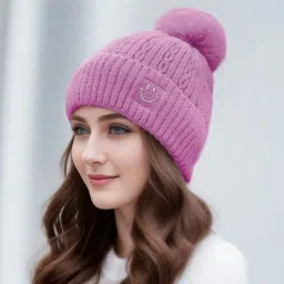 Cute woolen warm ( soft warm fur inside pom-pom on top ) winter caps for women Woven Beanie-image-38