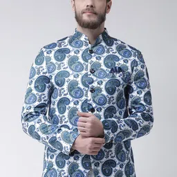 Hangup Men White & Blue Printed Bandhgala Blazer-10