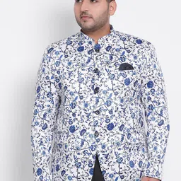 Hangup Men White & Blue Printed Bandhgala Blazer-image-21