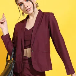 CHIC BY TOKYO TALKIES Women Maroon Solid Single-Breasted Formal Blazer-picture-21