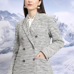 CHIC BY TOKYO TALKIES Grey Tweed Double Breasted Longline Blazer-image-44