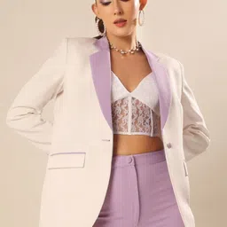 VOLCAPE Bianca Color Blocked Satin Tailored-Fit Single-Breasted Casual Blazer-image-4