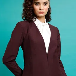 CHIC BY TOKYO TALKIES Maroon V-Neck Open Front Blazer-picture-19