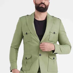 MR BUTTON Men Green Solid Slim-Fit Single-Breasted Casual Blazer-54