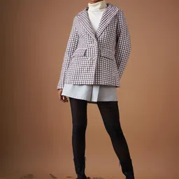 SASSAFRAS Burgundy Jacquard Tweed Peaked Lapel Long Sleeves Double-Breasted Casual Blazer-image-44
