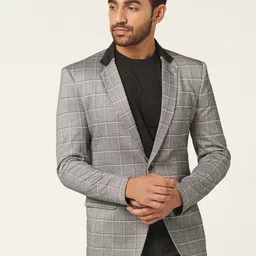 MR BUTTON Slim-Fit Checked Notched Lapel Collar Single-Breasted Casual Blazer-picture-4