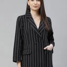 Cottinfab Striped Notched Lapel Collar Double Breasted Pure Cotton Formal Blazer-55