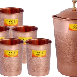 Designer Eatching, Embossed Design Pure Copper Jug Glasses Set | Drinkware Set- ( Capacity - 1.6 Liter ) - 7 Pieces Set Jug Glass Set-image-52