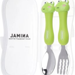 Kids Spoon Fork Set for Feeding Baby Toddlers Children with Travel Case Green Stainless Steel Cutlery Set-19