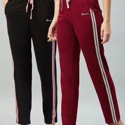 blinkin Pack of 2 Women Striped Black, Maroon Track Pants-picture-3