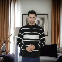 Men Striped Round Neck Black Sweater-image-42