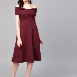 Women A-line Maroon Knee Length Dress-image-63