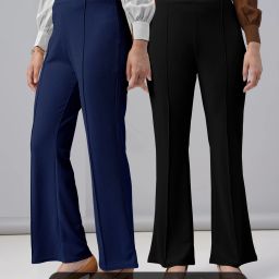 Pack of 2 Women Regular Fit Blue, Black Lycra Blend Trousers-image-78
