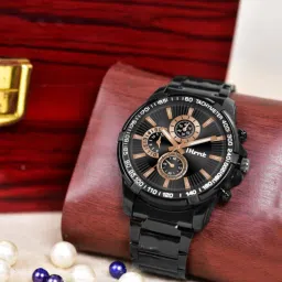 Original HMTS Black Plated Black Stainless Steel Chain Men & Boys Wrist Hands Analog Watch - For Men Artificial Chronograph Mens Watch With Black Round Dial Water Resistant Quartz-picture-3