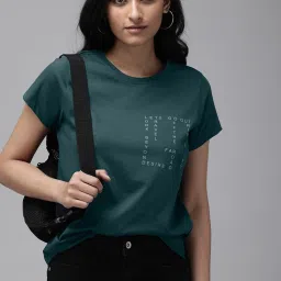 Women Printed Round Neck Pure Cotton Dark Blue T-Shirt-image-3