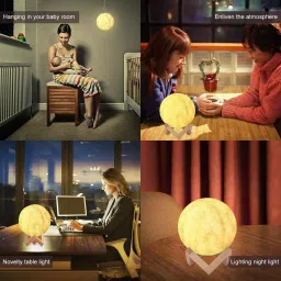 rentoor Premium 3D Moon Touch Sensor with Wooden Stand Bedroom Decoration Lamp Table Lamp image 4