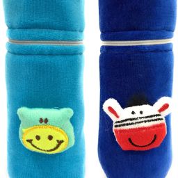 ™ Soft Plush Stretchable Baby Feeding Bottle Cover with Easy to hold Strap and Zip | Suitable for 240ml | Cute Animated Patterned Pack of 2 (Blue & Royal Blue)-image-73