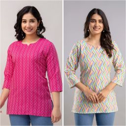 Pack of 2 Women Geometric Print, Floral Print Cotton Blend A-line Kurta-image-107