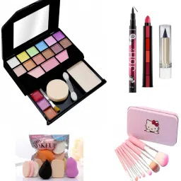 All in One Fashion Makeup Kit for Girls 8021 No 2 with EyeLiner, Kajal, Makeup Brushes, Sponges and 5 in 1 Lipstick Red Edition-30