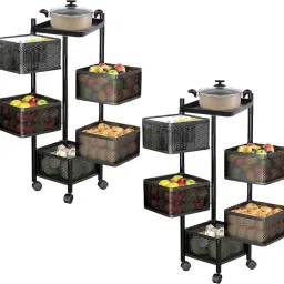 Pack of 2 Revolving 5-Layer Multipurpose Storage Rack with Wheels | Black Iron Kitchen Trolley-image-38