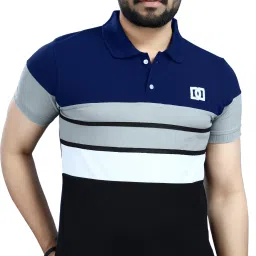Men Colorblock Polo Neck Polycotton Navy Blue T-Shirt-picture-3
