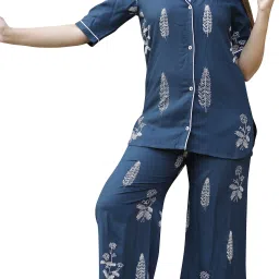 Women Shirt & Pyjama set Blue Printed-image-4