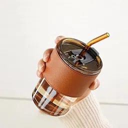 Reusable Glass Travel Sipper Tumbler with Straw & Lid Juice Smoothie IcedTea Glass Coffee Mug-5