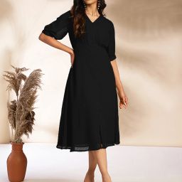 Women A-line Black Midi/Calf Length Dress-image-100