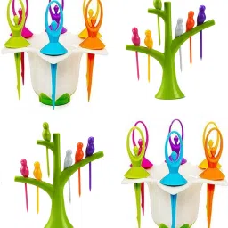 Plastic Dancing Doll & Bird Fruit Fork Set With Stand, 6 PCS Fork in Each Stand Disposable Plastic Fruit Fork Set-6