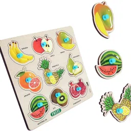 Wooden Fruits Puzzle with Pegs Educational Learning Shapes,Fruit Names Board Toy-13