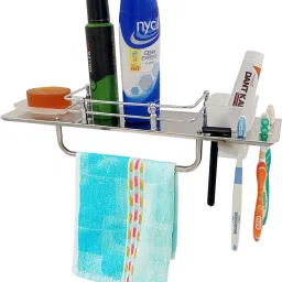 4in1Multipurpose Towel ,Tumbler , Soap Dish & Toothbrush Holder Stainless Steel Wall Shelf-25