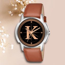 Fancy Design Stylish ALPHABET K Dial Beige Leather Strap Men Wrist Watch Analog Watch - For Men ALPHABET K Design Letter K Style ALPHA-K-J16-SIL-TAN-L-image-104