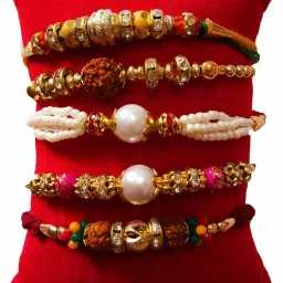 Designer Different Pattern Pearl Beads Rudraksh Rakhi for Brother with Roli Chawal Bhaiya Bhabhi Rakhi Rakhi Pack of 5 Rakhis Assorted Chawal Roli Pack, Rakhi Set-picture-2