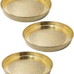 Brass Traditional Dinner Plate / Thali / Heavy Gauge Khumcha / Full Plate Set of 3 pc For Pooja & Serving Purpose (Engraved Flower Design Tableware & Serveware , [ 11 inch ] 27 cm Each) - 3 Piece Dinner Plate-image-49