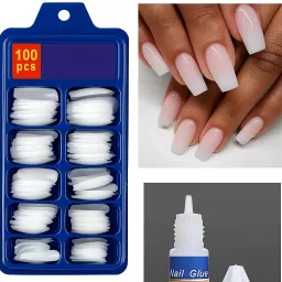 100 Pcs Artificial Nail Tips with Nail Glue – Square Shape False Nails Extension Kit for Women & Girls-5