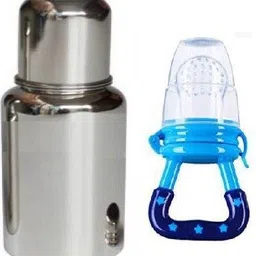 little monkeys Stainless Steel silver Baby Feeding Bottle for Milk Easy to Hold Design 304 Food Grade Silicon Nipple With Fruit Feeder, 250 ml - 250 ml (Silver) (pink) - 20 ml-picture-10