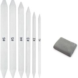 White Paper Stump/Art Blender/Tortillons with Kneadable Eraser for Graphite & Charcoal Pencils (Set of 6 Stumps & 1 Kneadable Eraser)-2