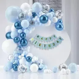 Printed Blue White Pastel Birthday Decorations kit,Banner,Confetti,Chrome Balloons Balloon-23