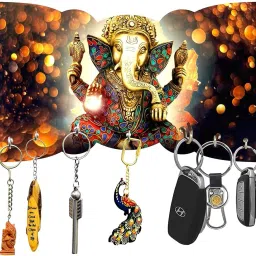 Wooden Ganesha Key Holder Stand/Wall Hooks Stand/Key Holder for Home Office/Wall Mounted Key Holder/Key Hold/Key Chain Hanging Board/Wall Hanging Key Holder Ganesh JI Design - Wooden Colour Wood Key Holder-image-86