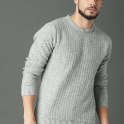 Men Self Design Round Neck Grey Sweater-image-14