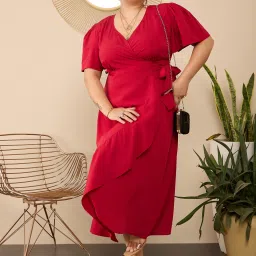 Women Wrap Red Midi/Calf Length Dress-image-32