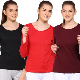Pack of 3 Women Solid Round Neck Cotton Blend Red, Maroon, Black T-Shirt-image-80