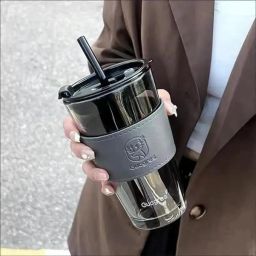 Glass Travel Sipper Tumbler with Straw and Lid - 400ml-Pack of 1 Glass Tumbler-image-4